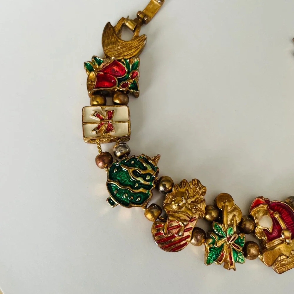 Vintage‎ SIGNED TOFA Slide Charm Bracelet Holiday Christmas Enamel & gold tone